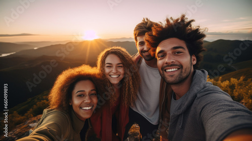 a group of friends taking a selfie at the top of a mountain © EmmaStock