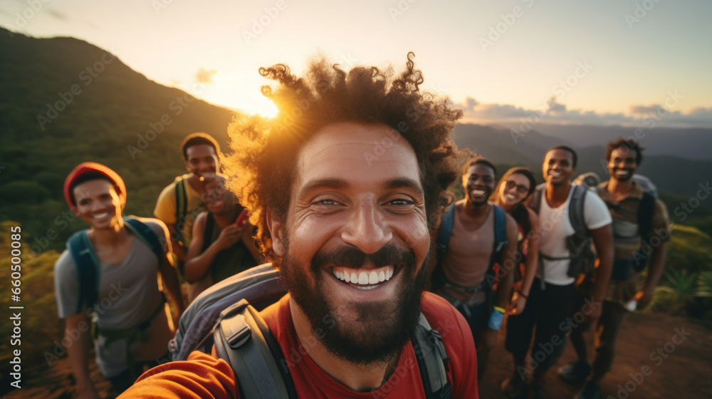 man taking selfie against sun setting at sunrise outdoors and hiking group