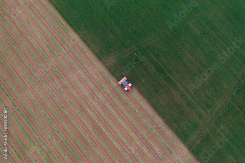 Aerial of hay cutter cutting oat crop into windrows photo