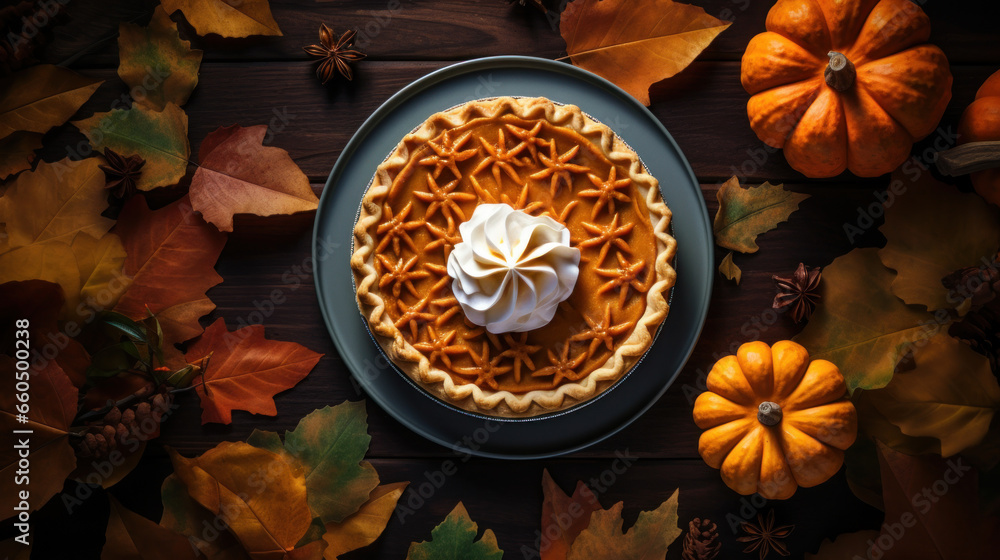 pumpkin pie on a plate on a pumpkin leaves pumpkin pie on a plate on a pumpkin leaves