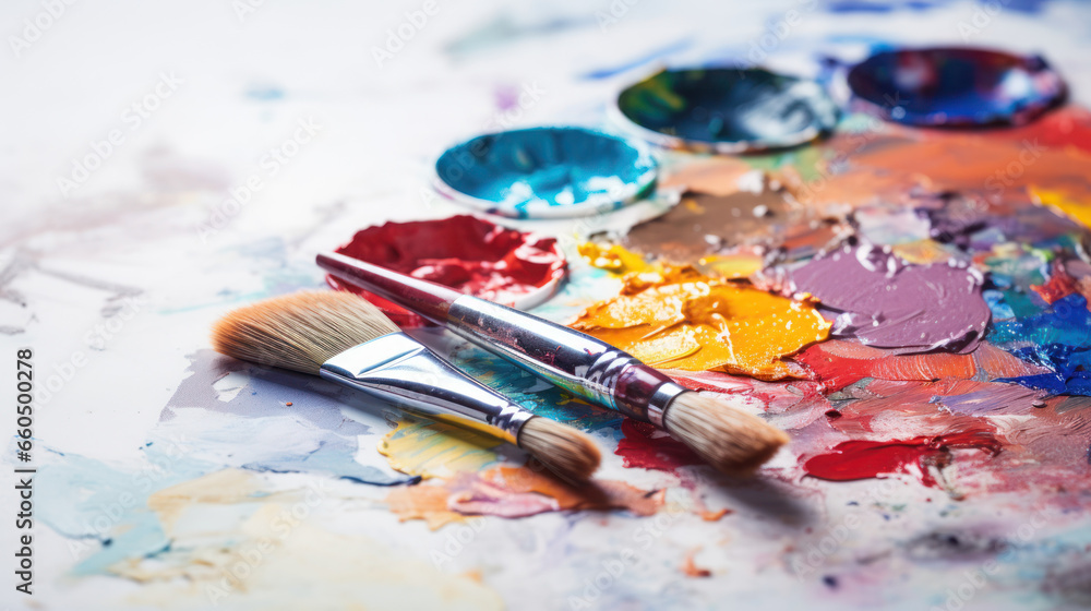 Obraz premium Palette with paints and paintbrushes on a white background