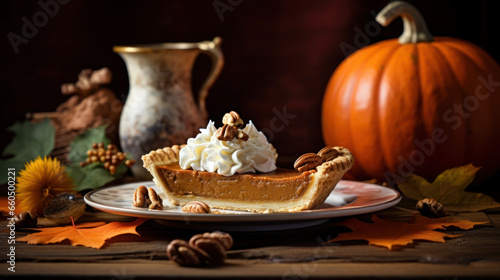 pumpkin pie on a plate on a wooden table