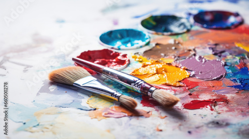 Palette with paints and paintbrushes on a white background