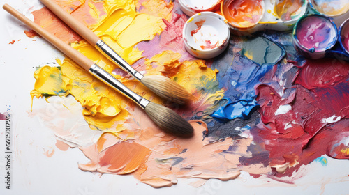 Palette with paints and paintbrushes on a white background