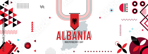 Map and flag of Albania national or independance day banner with raised hands or fists., flag colors theme background and geometric abstract retro modern colorfull design