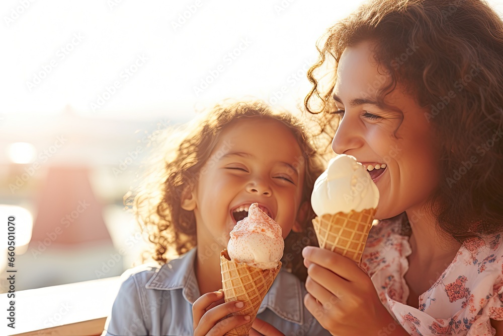 A mother and her daughters spend a joyful summer day in the park, eating ice cream, basking in the sun and enjoying moments of love and togetherness. A mother and her daughters spend a joyful summer day in the park, eating ice cream, basking in the sun and enjoying moments of love and togetherness.