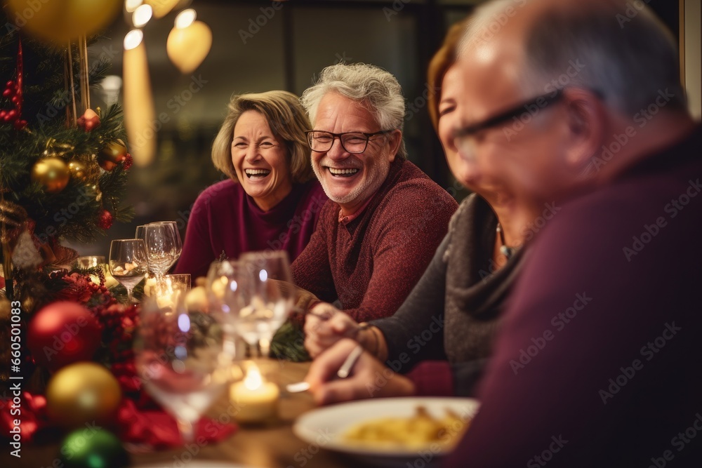 A joyful and cheerful holiday meal where friends and family come together, share a festive meal and enjoy togetherness during the holiday season.