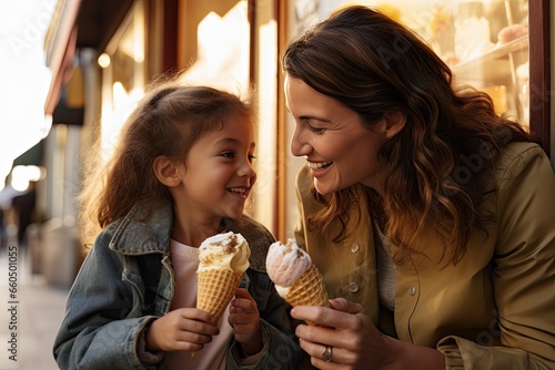 Happy mother and daughter enjoying ice cream in a sunny park.