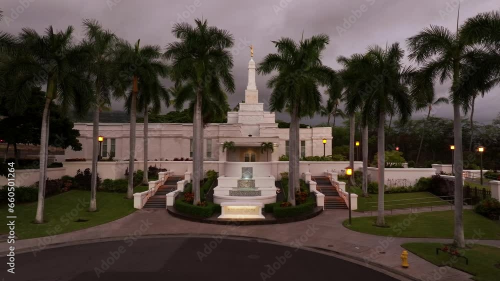 Aerial Kona Hawaii LDS Temple front climb 1. The Church of Jesus Christ of Latter-day Saints. Historic sacred building. Aerial Kona Hawaii LDS Temple front climb 1. The Church of Jesus Christ of Latter-day Saints. Historic sacred building.