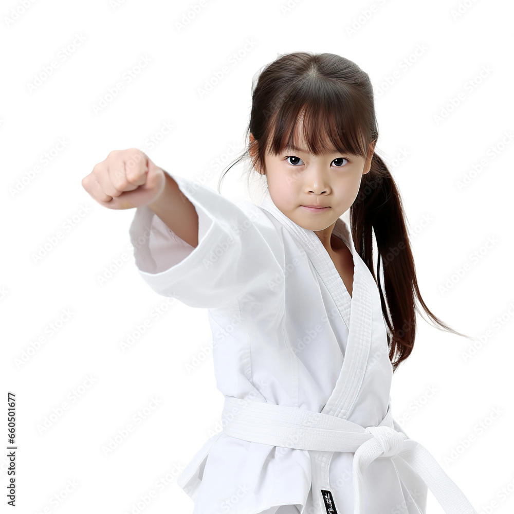 Asian girl fighting stance dressed in a karate uniform isolated on white or transparent background. AI Generated. Asian girl fighting stance dressed in a karate uniform isolated on white or transparent background. AI Generated.