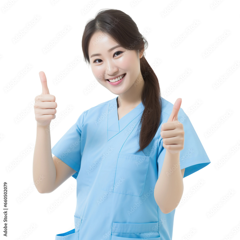 Asian female doctor showing thumbs up isolated on white or transparent background. AI Generated. Asian female doctor showing thumbs up isolated on white or transparent background. AI Generated.