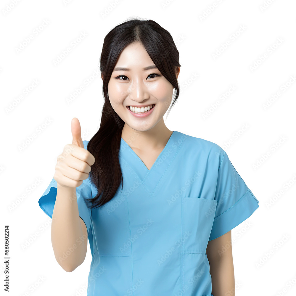 Asian female doctor showing thumbs up isolated on white or transparent background. AI Generated. Asian female doctor showing thumbs up isolated on white or transparent background. AI Generated.
