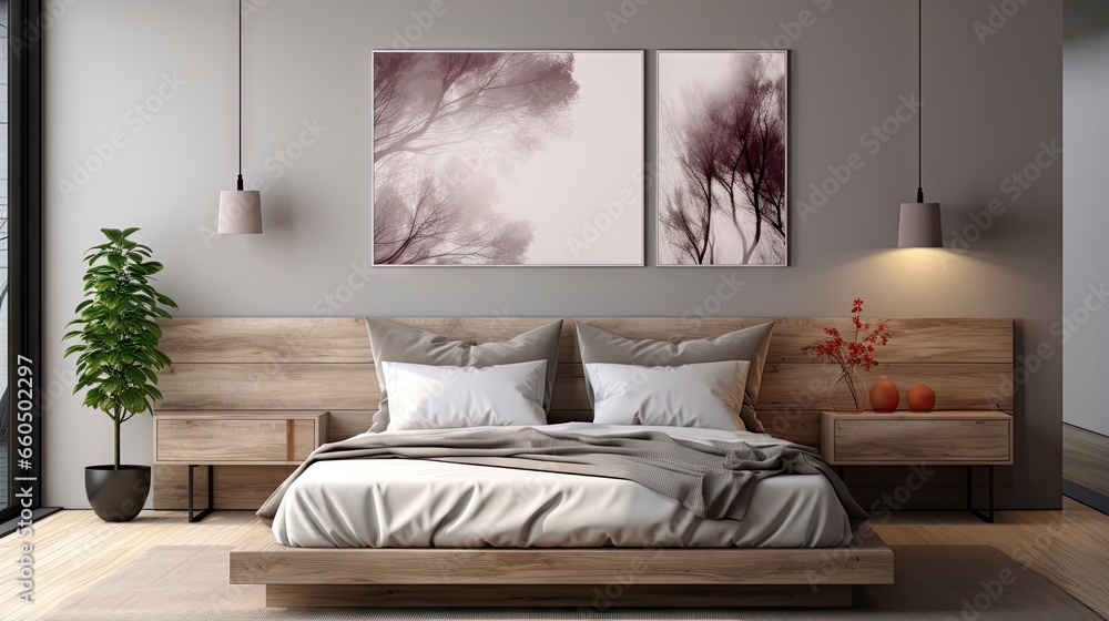 Obraz premium Sample frame set against a comfortable taupe bedroom backdrop.