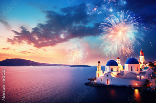 Fireworks show over fantasy Greek island. The New Year celebration