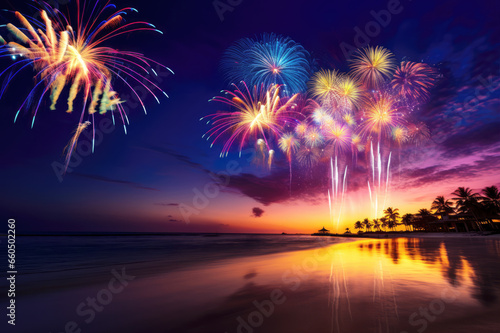 Fireworks show on tropical beach. The New Year celebration