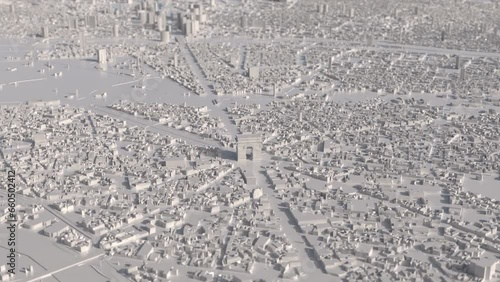 White 3D model of Paris with the Arc de Triomphe with rotating camera in the middle.  