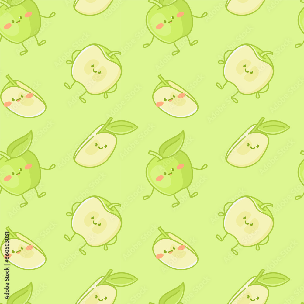 Green apple characters seamless pattern for children. Green apple characters seamless pattern for children.