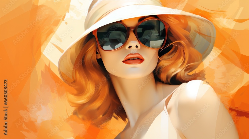 Fototapeta premium Sensual beautiful woman trendy artwork. Surreal apricot vivid portrait, fashionable painting pop art illustration for printing on fabric or paper, poster or wallpaper, advert