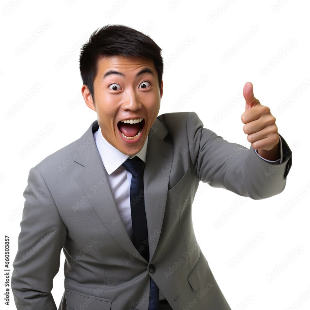 Asian man showing thumbs up, isolated on white or transparent background. AI Generated. Asian man showing thumbs up, isolated on white or transparent background. AI Generated.