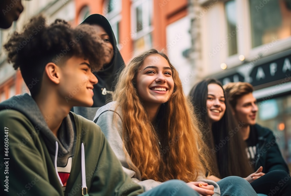 A candid photo of a diverse, smiling group of Gen Z teenagers laughing together on an urban street. Their relaxed poses show their authentic camaraderie. A candid photo of a diverse, smiling group of Gen Z teenagers laughing together on an urban street. Their relaxed poses show their authentic camaraderie.