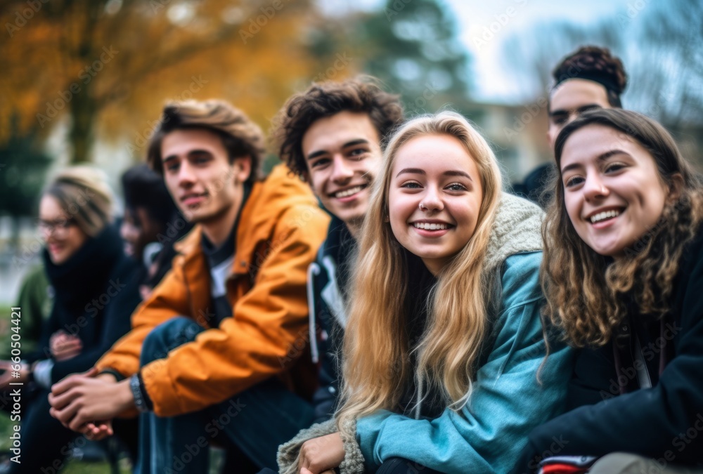 A candid photo of a diverse, smiling group of Gen Z teenagers laughing together on an urban street. Their relaxed poses show their authentic camaraderie.