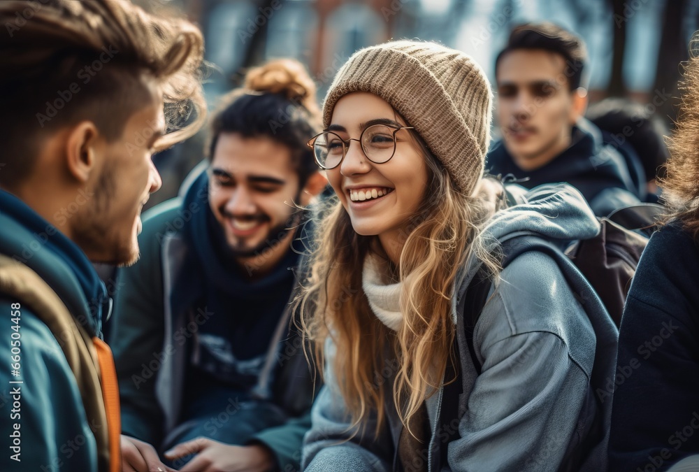 A candid photo of a diverse, smiling group of Gen Z teenagers laughing together on an urban street. Their relaxed poses show their authentic camaraderie.