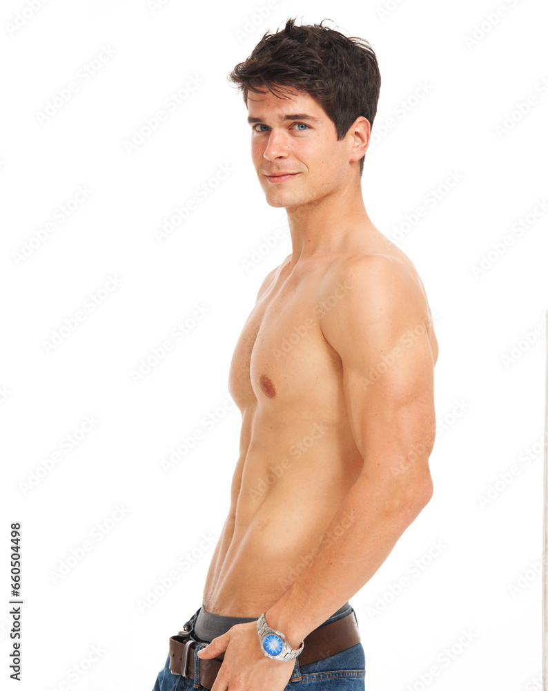 Fototapeta premium Strong man, shirtless and portrait with athletic body, proud and six pack on white background in studio. Handsome model, stomach and topless with confidence on mock up, muscle and healthy aesthetic
