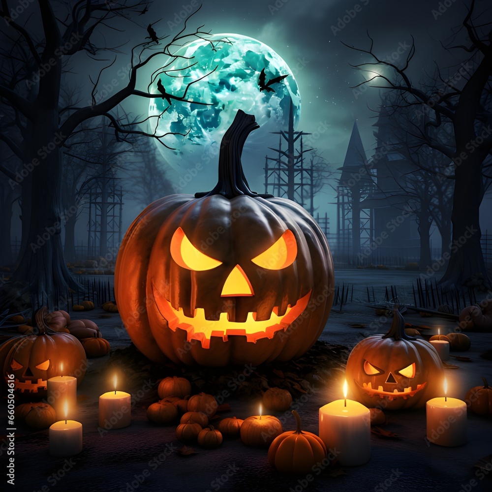 Halloween pumpkin head jack lantern with burning candles, Spooky Forest with a full moon and wooden table, Pumpkins In Graveyard In The Spooky Night, spooky house Halloween pumpkin head jack lantern with burning candles, Spooky Forest with a full moon and wooden table, Pumpkins In Graveyard In The Spooky Night, spooky house