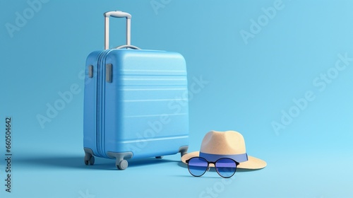 Blue suitcase with sun glasses, hat and camera on pastel blue background. travel concept. minimal style
