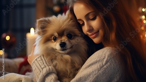 A beautiful girl in a knitted sweater pets a dog, a cozy evening. Generation AI © MiaStendal