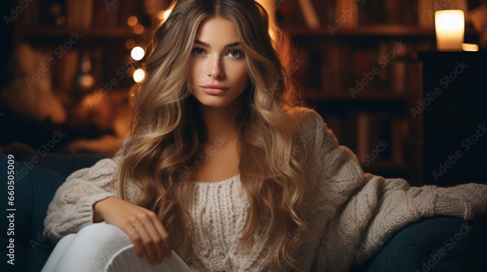 A beautiful girl in a knitted sweater sits on the sofa in a cozy room, evening. Generation AI A beautiful girl in a knitted sweater sits on the sofa in a cozy room, evening. Generation AI