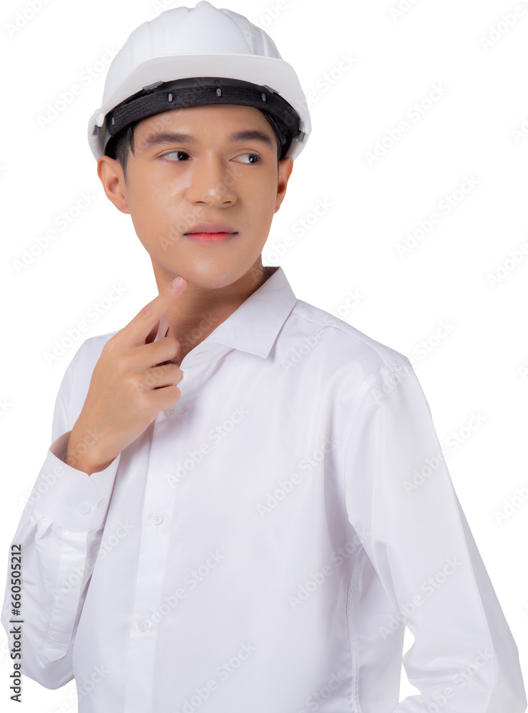 Portrait young asian engineer man wearing helmet thinking idea, architect or contractor with planning and thoughtful, contractor consider with solution, industrial concept. Portrait young asian engineer man wearing helmet thinking idea, architect or contractor with planning and thoughtful, contractor consider with solution, industrial concept.