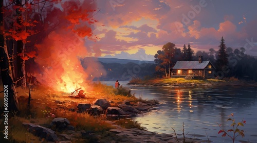 Evening landscape of a house by the river, fire. Generation AI