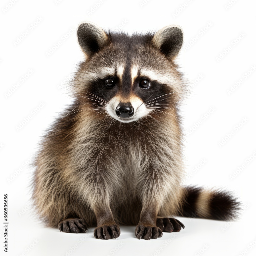 Close-up capture of a raccoon's detailed features, sharply contrasted against a white background, emphasizing its natural beauty and unique characteristics Close-up capture of a raccoon's detailed features, sharply contrasted against a white background, emphasizing its natural beauty and unique characteristics