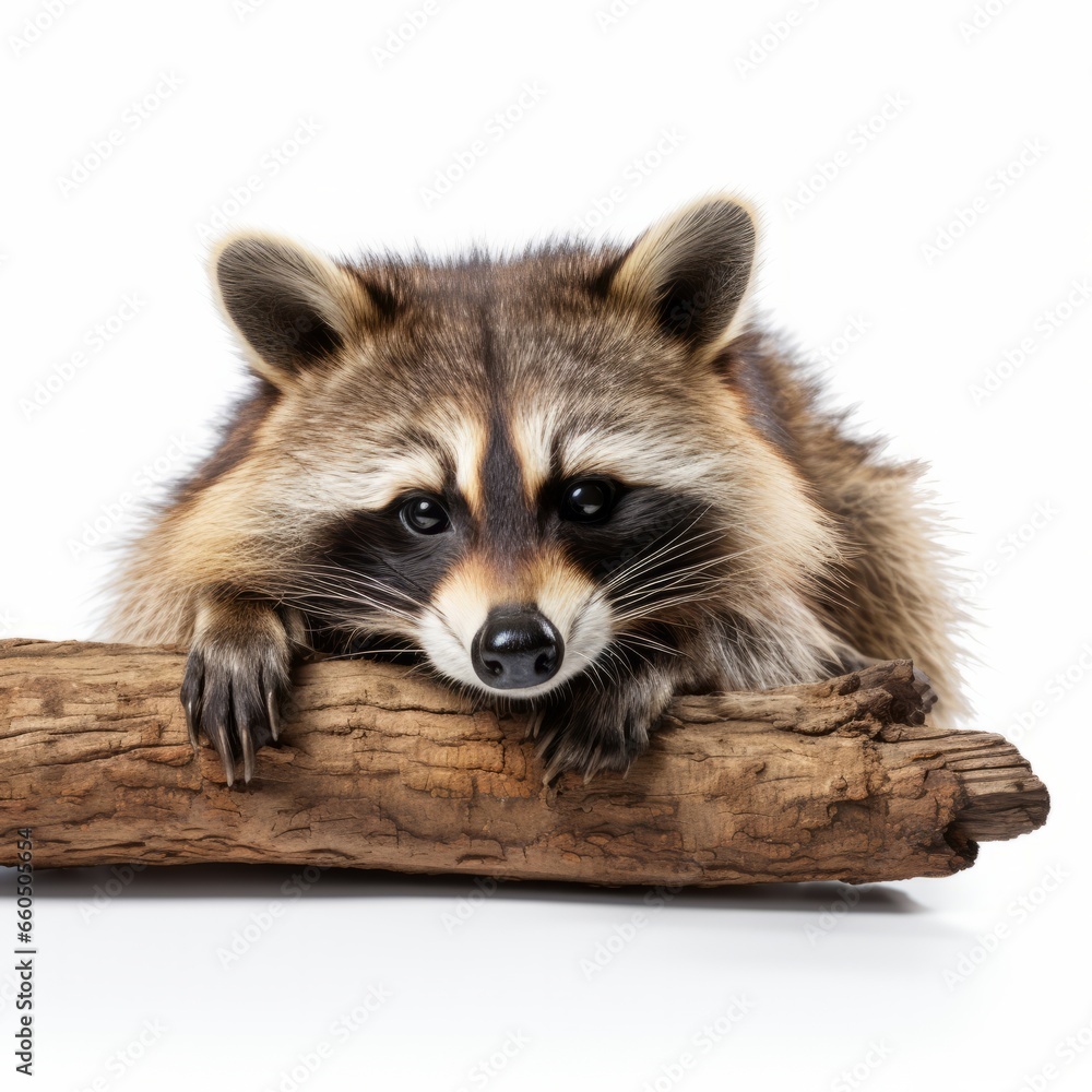 Close-up capture of a raccoon's detailed features, sharply contrasted against a white background, emphasizing its natural beauty and unique characteristics