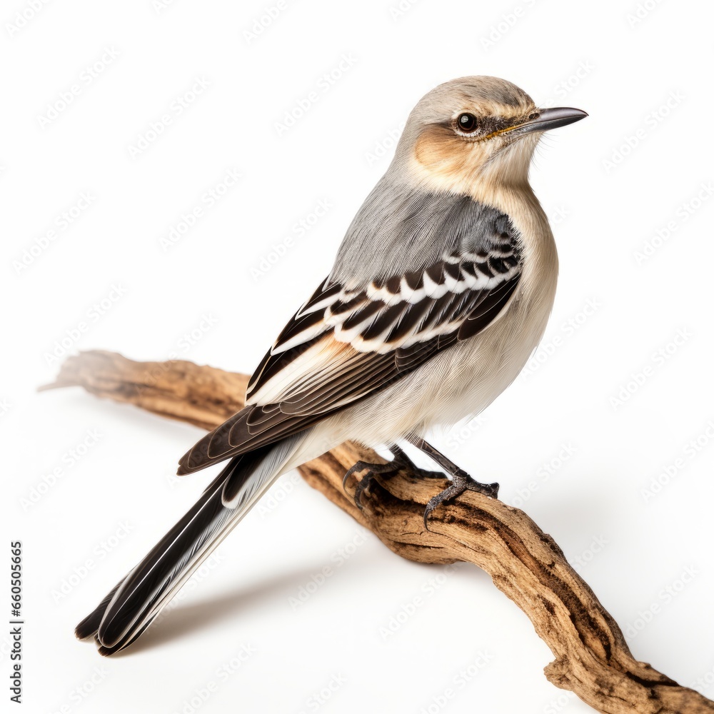 Obraz premium Closeup capture of a detailed mockingbird, isolated on a white background.