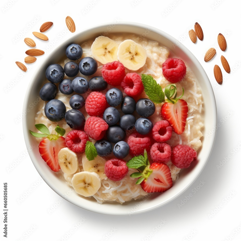 A vibrant bowl of oatmeal topped with a generous portion of fresh mixed berries. Perfect for a nutritious breakfast, isolated on a white background. A vibrant bowl of oatmeal topped with a generous portion of fresh mixed berries. Perfect for a nutritious breakfast, isolated on a white background.