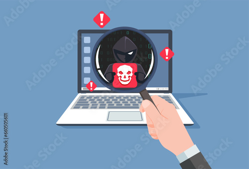 Hacker attacks a Laptop with an application malware or virus by fake link or email. fraud scam and steal private data on devices. vector illustration flat design for cyber security awareness concept.