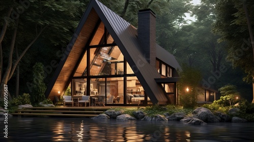 A-frame style house on the bank of a river in the forest. Generation AI