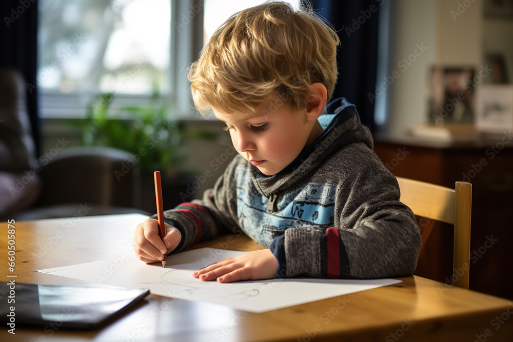 A child sits at a table drawing colorful pictures, which will be sent to a distant pen pal as a form of correspondence A child sits at a table drawing colorful pictures, which will be sent to a distant pen pal as a form of correspondence