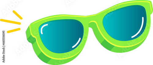 Green sunglasses with blue lens isolated on white background. Cartoon funny kids green summer sunglasses icon, label and sign. Cool hipster Sunglasses vector graphic illustration