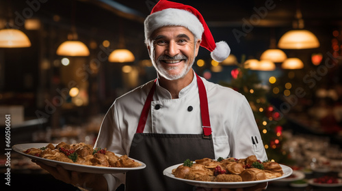 smiling chef in a santa hat holding plates with christmas food