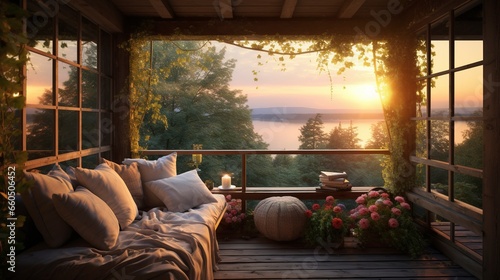 Balcony with amazing sunset views. Generation AI