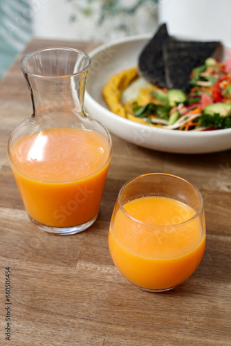 Healthy organic vegan food and drinks on wooden table