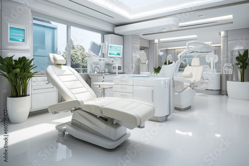Dental clinic with seating and instruments with natural illumination from large windows. photo