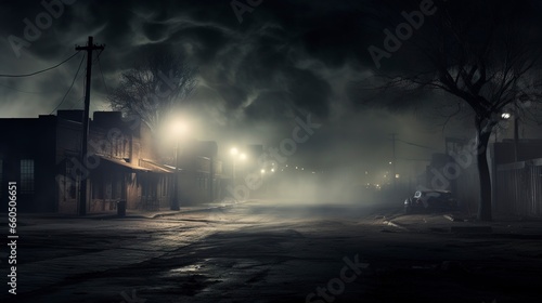 Dark gloomy empty street  smoke  smog  fog. Generation AI