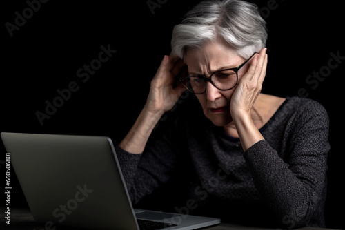 Unhappy middle aged woman looking at computer screen, feeling stressed reading email with bad news. Generative Ai.