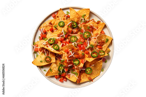 Plate of tasty spicy Mexican nachos isolated on transparent background Png transparent