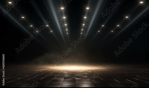 A theater stage with a spotlight illuminated the stage for an opera performance. Stage lighting. Empty stage. Generative Ai.