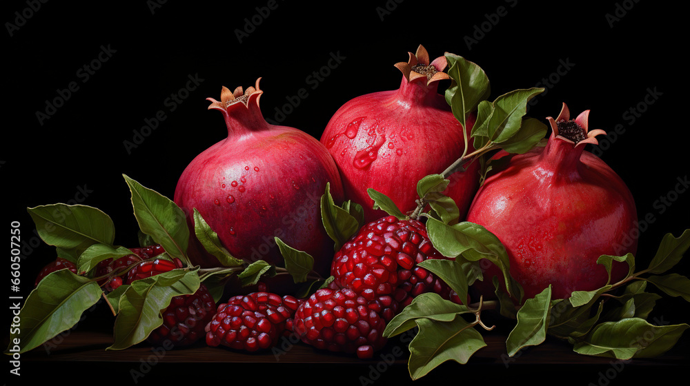 Pomegranate fruit on a black background. Generation AI Pomegranate fruit on a black background. Generation AI